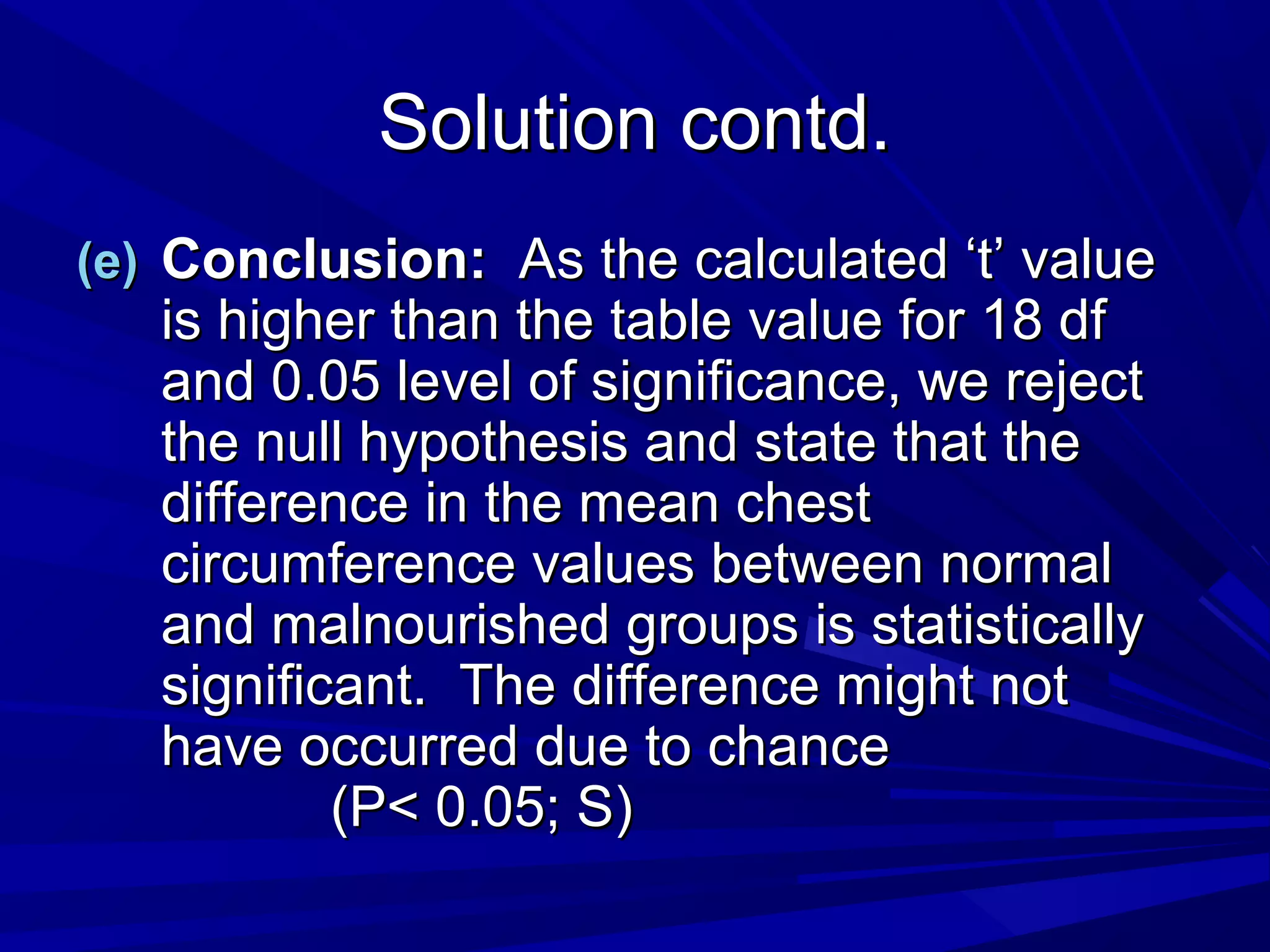 Solution contd.Solution contd.
(e)(e) Conclusion:Conclusion: As the calculated ‘t’ valueAs the calculated ‘t’ value
is higher than the table value for 18 dfis higher than the table value for 18 df
and 0.05 level of significance, we rejectand 0.05 level of significance, we reject
the null hypothesis and state that thethe null hypothesis and state that the
difference in the mean chestdifference in the mean chest
circumference values between normalcircumference values between normal
and malnourished groups is statisticallyand malnourished groups is statistically
significant. The difference might notsignificant. The difference might not
have occurred due to chancehave occurred due to chance
(P< 0.05; S)(P< 0.05; S)
 