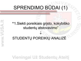 SPRENDIMO BŪDAI (1)


“1.Siekti poreikiais grįsto, kokybiško
       studentų atstovavimo”
                  
STUDENTŲ POREIKIŲ ANALIZĖ
 