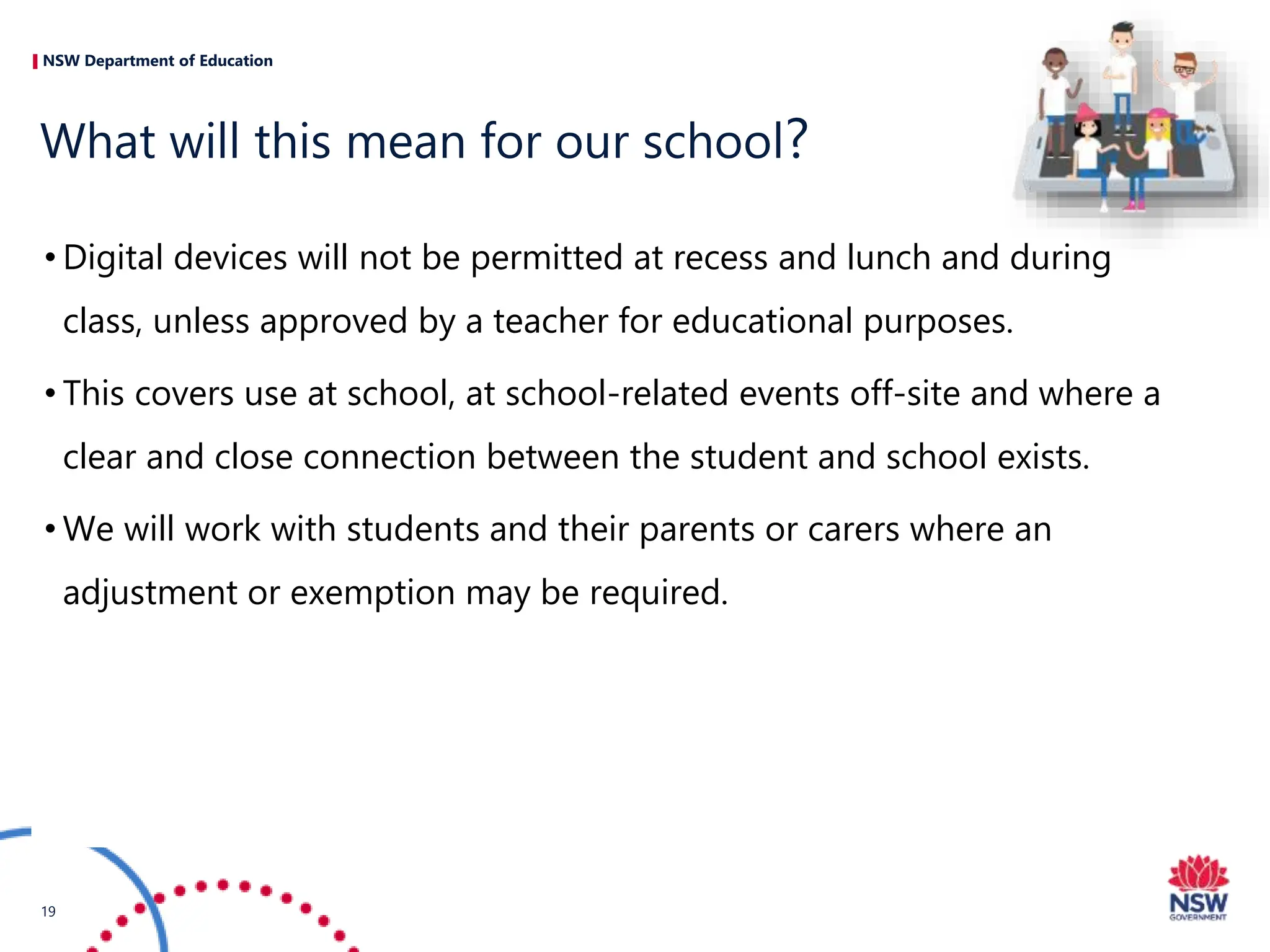 NSW Department of Education
• Digital devices will not be permitted at recess and lunch and during
class, unless approved by a teacher for educational purposes.
• This covers use at school, at school-related events off-site and where a
clear and close connection between the student and school exists.
• We will work with students and their parents or carers where an
adjustment or exemption may be required.
What will this mean for our school?
19
 