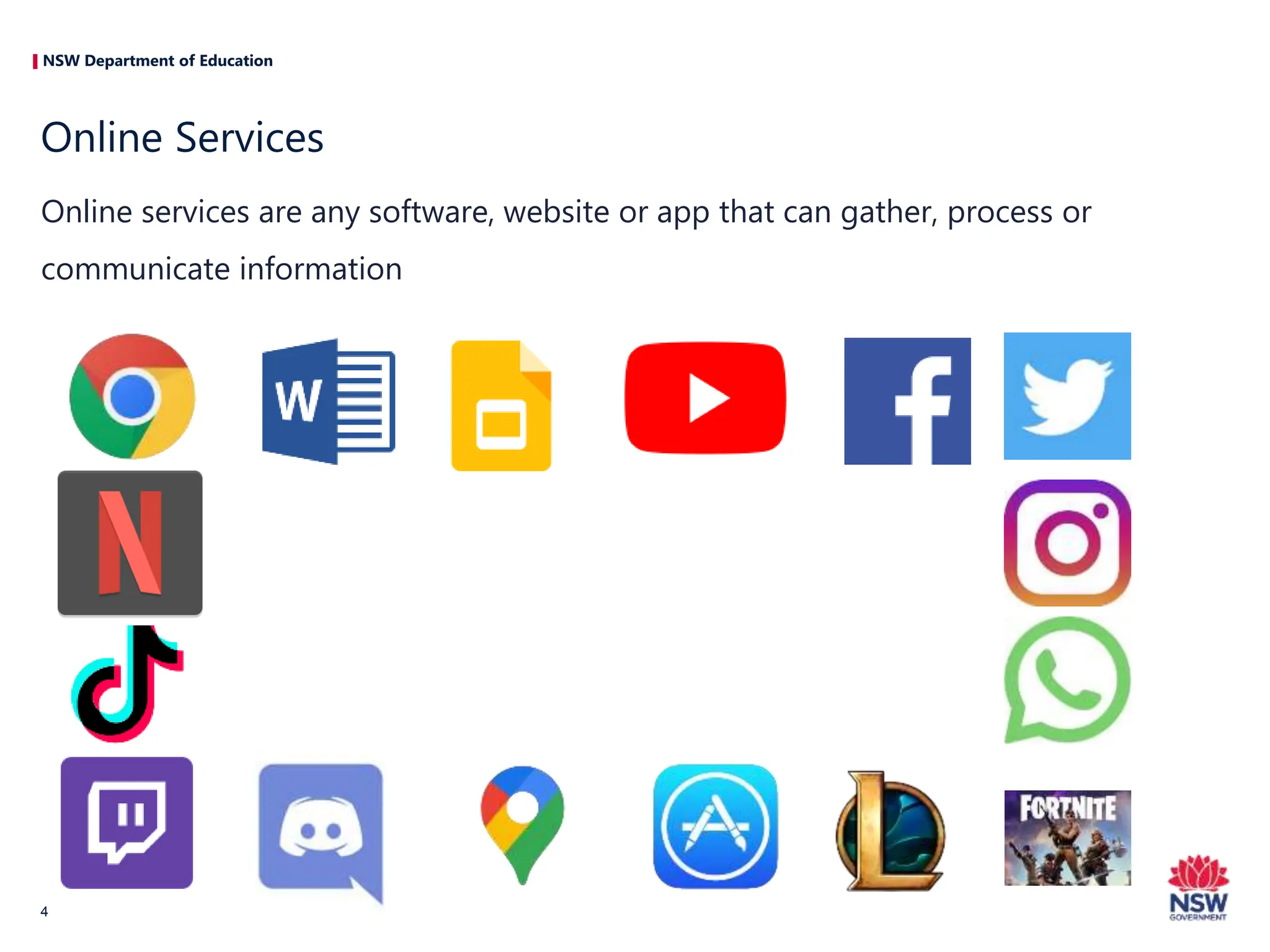 NSW Department of Education
Online services are any software, website or app that can gather, process or
communicate information
Online Services
4
 