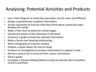 Analysing:  Potential Activities and Products Use a Venn Diagram to show how two topics are the same and different Design a questionnaire to gather information. Survey classmates to find out what they think about a particular topic. Analyse the results. Make a flow chart to show the critical stages. Classify the actions of the characters in the book Construct a graph to illustrate selected information. Make a family tree showing relationships. Write a biography of a person studied. Prepare a report about the area of study. Conduct an investigation to produce information to support a view. Review a work of art in terms of form, colour and texture. Draw a graph Complete a Decision Making Matrix to help you decide which breakfast cereal to purchase 