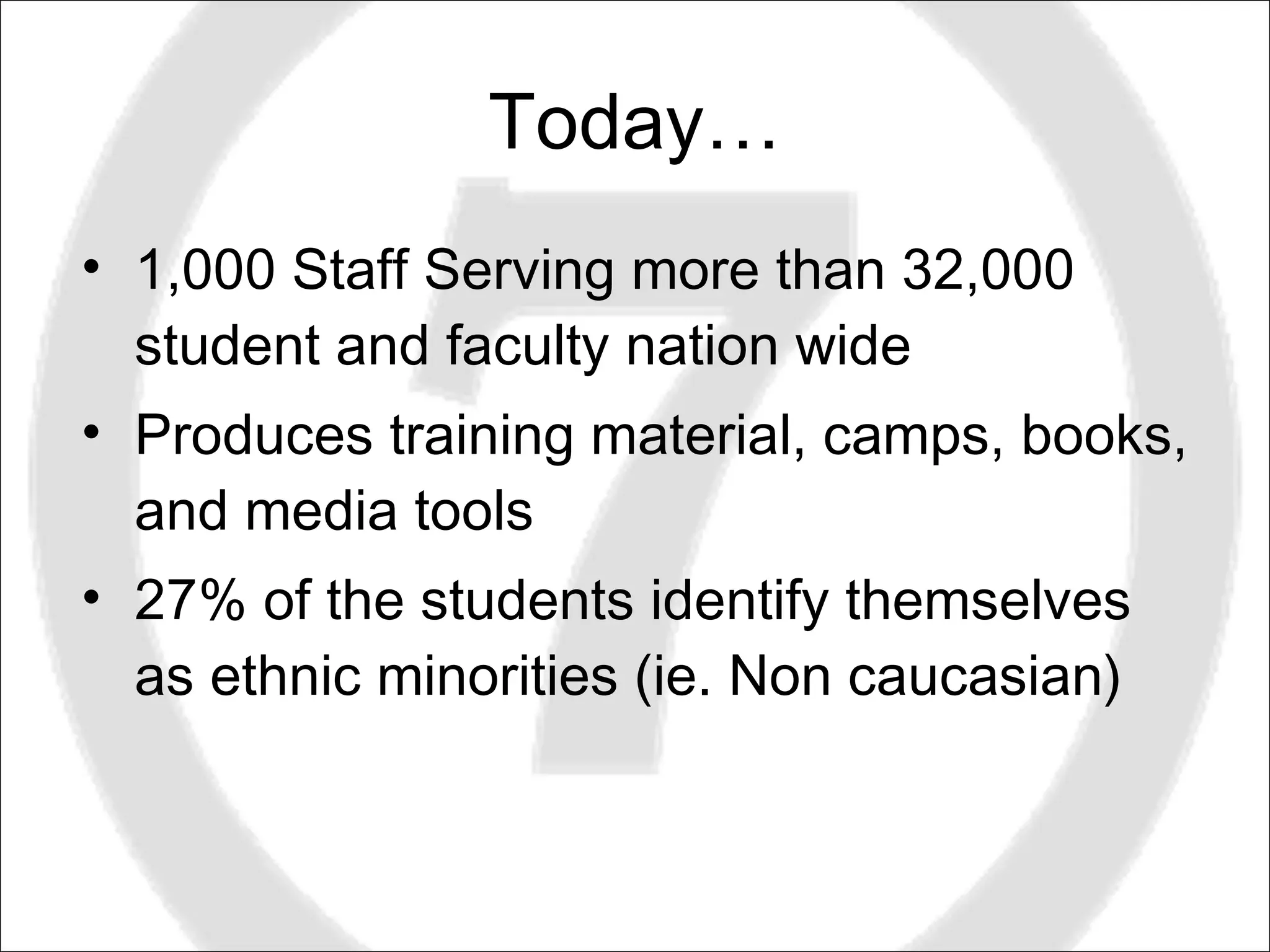 Today… 1,000 Staff Serving more than 32,000 student and faculty nation wide  Produces training material, camps, books, and media tools 27% of the students identify themselves as ethnic minorities (ie. Non caucasian) 