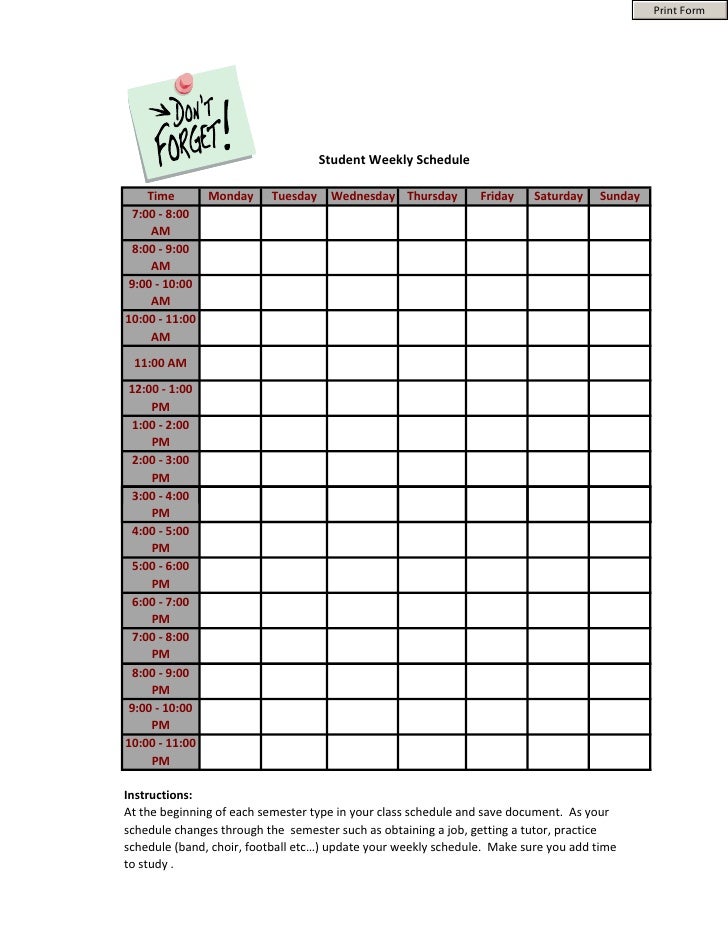 student weekly schedule weekly schedule form