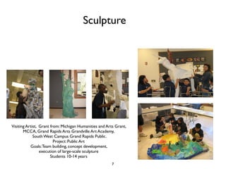 Sculpture




Visiting Artist, Grant from: Michigan Humanities and Arts Grant,
       MCCA, Grand Rapids Arts Grandville Art Academy,
             South West Campus Grand Rapids Public.
                         Project: Public Art
           Goals: Team building, concept development,
                 execution of large-scale sculpture
                       Students 10-14 years
                                                        7
 