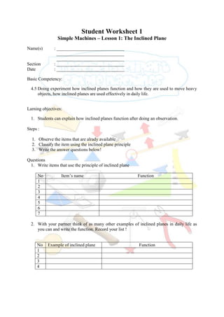 Student Worksheet 1
Simple Machines – Lesson 1: The Inclined Plane
Name(s) : ______________________________
______________________________
______________________________
Section : ______________________________
Date : ______________________________
Basic Competency:
4.5 Doing experiment how inclined planes function and how they are used to move heavy
objects, how inclined planes are used effectively in daily life.
Larning objectives:
1. Students can explain how inclined planes function after doing an observation.
Steps :
1. Observe the items that are alrady available
2. Classify the item using the inclined plane principle
3. Write the answer questions below!
Questions
1. Write items that use the principle of inclined plane
No Item’s name Function
1
2
3
4
5
6
7
2. With your partner think of as many other examples of inclined planes in daily life as
you can and write the function. Record your list !
No Example of inclined plane Function
1
2
3
4
 