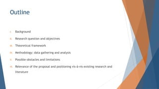 Outline
I. Background
II. Research question and objectives
III. Theoretical framework
IV. Methodology: data gathering and analysis
V. Possible obstacles and limitations
VI. Relevance of the proposal and positioning vis--vis existing research and
literature
 