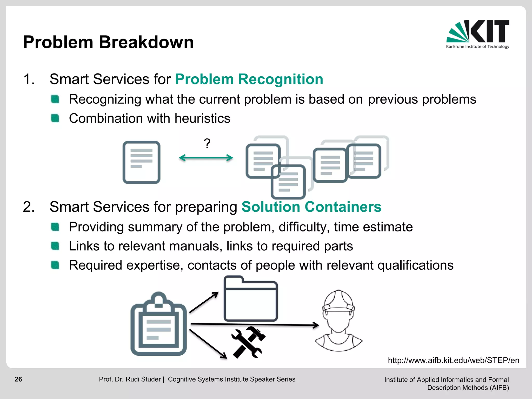 Institute of Applied Informatics and Formal
Description Methods (AIFB)
26
Problem Breakdown
1. Smart Services for Problem Recognition
Recognizing what the current problem is based on previous problems
Combination with heuristics
2. Smart Services for preparing Solution Containers
Providing summary of the problem, difficulty, time estimate
Links to relevant manuals, links to required parts
Required expertise, contacts of people with relevant qualifications
Prof. Dr. Rudi Studer | Cognitive Systems Institute Speaker Series
?
http://www.aifb.kit.edu/web/STEP/en
 