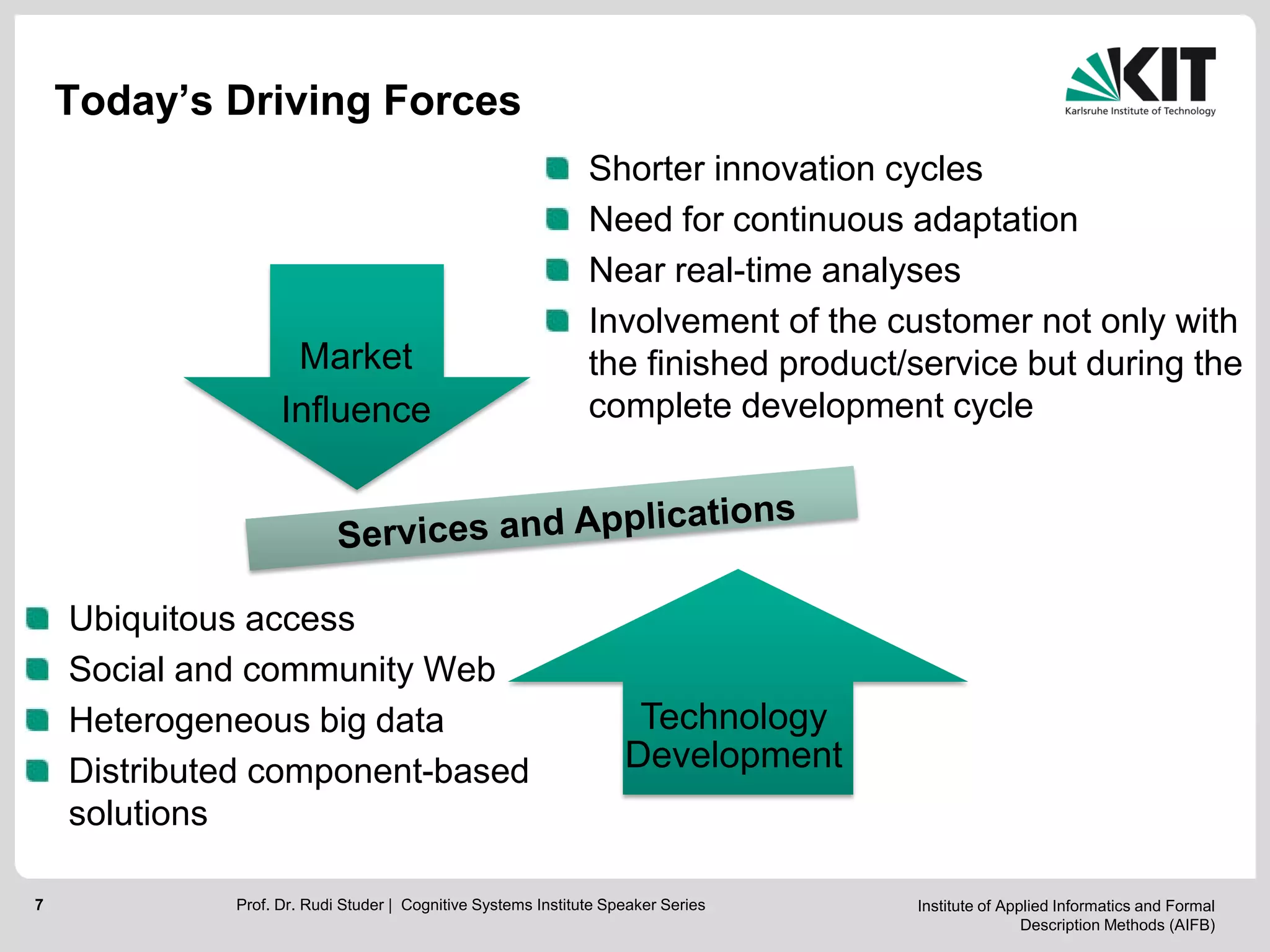 Institute of Applied Informatics and Formal
Description Methods (AIFB)
7
Market
Influence
Technology
Development
Today’s Driving Forces
Shorter innovation cycles
Need for continuous adaptation
Near real-time analyses
Involvement of the customer not only with
the finished product/service but during the
complete development cycle
Ubiquitous access
Social and community Web
Heterogeneous big data
Distributed component-based
solutions
Prof. Dr. Rudi Studer | Cognitive Systems Institute Speaker Series
 