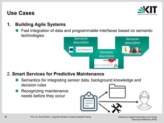 Institute of Applied Informatics and Formal
Description Methods (AIFB)
12
Use Cases
1. Building Agile Systems
Fast integration of data and programmable interfaces based on semantic
technologies
2. Smart Services for Predictive Maintenance
Semantics for integrating sensor data, background knowledge and
decision rules
Recognizing maintenance
needs before they occur
Prof. Dr. Rudi Studer | Cognitive Systems Institute Speaker Series
Semantic
description
Semantic
description
Semantic
description
 