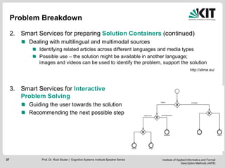 Institute of Applied Informatics and Formal
Description Methods (AIFB)
27
Problem Breakdown
2. Smart Services for preparing Solution Containers (continued)
Dealing with multilingual and multimodal sources
Identifying related articles across different languages and media types
Possible use – the solution might be available in another language;
images and videos can be used to identify the problem, support the solution
3. Smart Services for Interactive
Problem Solving
Guiding the user towards the solution
Recommending the next possible step
Prof. Dr. Rudi Studer | Cognitive Systems Institute Speaker Series
http://xlime.eu/
 