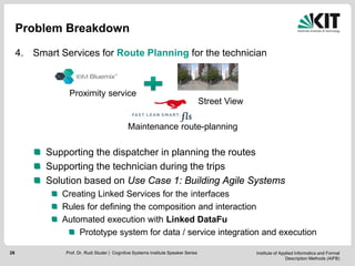 Institute of Applied Informatics and Formal
Description Methods (AIFB)
28
Problem Breakdown
4. Smart Services for Route Planning for the technician
Supporting the dispatcher in planning the routes
Supporting the technician during the trips
Solution based on Use Case 1: Building Agile Systems
Creating Linked Services for the interfaces
Rules for defining the composition and interaction
Automated execution with Linked DataFu
Prototype system for data / service integration and execution
Prof. Dr. Rudi Studer | Cognitive Systems Institute Speaker Series
Proximity service
Street View
Maintenance route-planning
 
