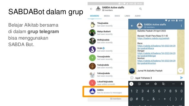 SABDABot dalam grup
Belajar Alkitab bersama
di dalam grup telegram
bisa menggunakan
SABDA Bot.
 