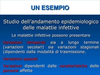 UN ESEMPIOUN ESEMPIO
Studio dell’andamento epidemiologicoStudio dell’andamento epidemiologico
delle malattie infettivedelle malattie infettive
Le malattie infettive possono presentareLe malattie infettive possono presentare
Variazioni temporaliVariazioni temporali sia a lungo terminesia a lungo termine
(variazioni secolari) sia variazioni stagionali(variazioni secolari) sia variazioni stagionali
(dipendenti dalla modalità di trasmissione.(dipendenti dalla modalità di trasmissione.
Variazioni spazialiVariazioni spaziali
VariazioniVariazioni dipendenti dalledipendenti dalle caratteristichecaratteristiche delledelle
personepersone affetteaffette
 