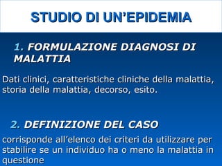 STUDIO DI UN’EPIDEMIASTUDIO DI UN’EPIDEMIA
1.1. FORMULAZIONE DIAGNOSI DIFORMULAZIONE DIAGNOSI DI
MALATTIAMALATTIA
Dati clinici, caratteristiche cliniche della malattia,Dati clinici, caratteristiche cliniche della malattia,
storia della malattia, decorso, esito.storia della malattia, decorso, esito.
2.2. DEFINIZIONE DEL CASODEFINIZIONE DEL CASO
corrisponde all’elenco dei criteri da utilizzare percorrisponde all’elenco dei criteri da utilizzare per
stabilire se un individuo ha o meno la malattia instabilire se un individuo ha o meno la malattia in
questionequestione
 