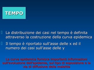  La distribuzione dei casi nel tempo è definitaLa distribuzione dei casi nel tempo è definita
attraverso la costruzione della curva epidemicaattraverso la costruzione della curva epidemica
 Il tempo è riportato sull’asse delle x ed ilIl tempo è riportato sull’asse delle x ed il
numero dei casi sull’asse delle ynumero dei casi sull’asse delle y
La curva epidemica fornisce importanti informazioniLa curva epidemica fornisce importanti informazioni
sull’evoluzione dell’epidemia, sul tipo di esposizione e lasull’evoluzione dell’epidemia, sul tipo di esposizione e la
via di diffusione della malattiavia di diffusione della malattia
TEMPOTEMPO
 