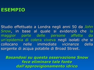 ESEMPIOESEMPIO
Studio effettuato a Londra negli anni 50 daStudio effettuato a Londra negli anni 50 da JohnJohn
SnowSnow, in base al quale si evidenziò che, in base al quale si evidenziò che lala
maggior parte delle persone affette damaggior parte delle persone affette da
un’epidemia di colera vivevaun’epidemia di colera viveva negli isolati che sinegli isolati che si
collocano nelle immediate vicinanze dellacollocano nelle immediate vicinanze della
sorgente di acqua potabile di Broad Street.sorgente di acqua potabile di Broad Street.
Basandosi su questa osservazione SnowBasandosi su questa osservazione Snow
fece eliminare tale fontefece eliminare tale fonte
dall’approvigionamento idricodall’approvigionamento idrico
 