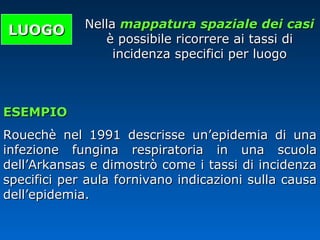 LUOGOLUOGO NellaNella mappatura spaziale dei casimappatura spaziale dei casi
è possibile ricorrere ai tassi diè possibile ricorrere ai tassi di
incidenza specifici per luogoincidenza specifici per luogo
ESEMPIOESEMPIO
Rouechè nel 1991 descrisse un’epidemia di unaRouechè nel 1991 descrisse un’epidemia di una
infezione fungina respiratoria in una scuolainfezione fungina respiratoria in una scuola
dell’Arkansas e dimostrò come i tassi di incidenzadell’Arkansas e dimostrò come i tassi di incidenza
specifici per aula fornivano indicazioni sulla causaspecifici per aula fornivano indicazioni sulla causa
dell’epidemia.dell’epidemia.
 