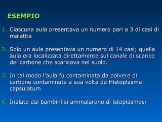 1.1. Ciascuna aula presentava un numero pari a 3 di casi diCiascuna aula presentava un numero pari a 3 di casi di
malattiamalattia
2.2. Solo un aula presentava un numero di 14 casi; quellaSolo un aula presentava un numero di 14 casi; quella
aula era localizzata direttamente sul canale di scaricoaula era localizzata direttamente sul canale di scarico
del carbone che scaricava nel suolo.del carbone che scaricava nel suolo.
3.3. In tal modo l’aula fu contaminata da polvere diIn tal modo l’aula fu contaminata da polvere di
carbone contaminata a sua volta da Histoplasmacarbone contaminata a sua volta da Histoplasma
capsulatumcapsulatum
4.4. Inalato dai bambini si ammalarono di istoplasmosiInalato dai bambini si ammalarono di istoplasmosi
ESEMPIOESEMPIO
 