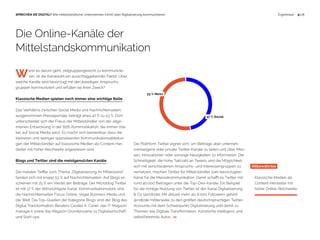 53 % News
47 % Social
 9 | 18SPRECHEN SIE DIGITAL? Wie mittelständische Unternehmen (nicht) über Digitalisierung kommunizieren
W enn es darum geht, zielgruppengerecht zu kommunizie-
  ren, ist die Kanalwahl ein ausschlaggebender Faktor. Über
welche Kanäle wird bevorzugt mit den jeweiligen Anspruchs-
gruppen kommuniziert und erfüllen sie ihren Zweck?
Klassische Medien spielen noch immer eine wichtige Rolle
Das Verhältnis zwischen Social Media und Nachrichtenseiten,
ausgenommen Presseportale, beträgt etwa 47 % zu 53 %. Dort
unterscheidet sich der Fokus der Mittelständler von der allge-
meinen Entwicklung in der B2B-Kommunikation, die immer stär-
ker auf Social Media setzt. Es macht sich bemerkbar, dass die
kleineren und weniger spezialisierten Kommunikationsabteilun-
gen der Mittelständler auf klassische Medien als Content-Her-
steller mit hoher Reichweite angewiesen sind.
Blogs und Twitter sind die meistgenutzten Kanäle
Die meisten Treffer zum Thema „Digitalisierung im Mittelstand"
fanden sich mit knapp 53 % auf Nachrichtenseiten. Auf Blogs er-
scheinen mit 25 % ein Viertel der Beiträge. Der Microblog Twitter
ist mit 17 % der drittwichtigste Kanal. Kommunikationsstark sind
die Nachrichtenseiten Focus Online, Vogel Business Media und
die Welt. Die Top-Quellen der Kategorie Blogs sind der Blog des
Digital Transformation-Beraters Cevdet A. Caner, das IT-Magazin
manage it sowie das Magazin Gründerszene zu Digitalwirtschaft
und Start-ups.
Altbewährtes
Klassische Medien als
Content-Hersteller mit
hoher Online-Reichweite
Ergebnisse
Die Online-Kanäle der
Mittelstandskommunikation
Die Plattform Twitter eignet sich, um Beiträge über unterneh-
menseigene oder private Twitter-Kanäle zu teilen und über Mes-
sen, Innovationen oder sonstige Neuigkeiten zu informieren. Die
Schnelligkeit, die hohe Taktzahl an Tweets und die Möglichkeit,
sich mit verschiedenen Anspruchs- und Interessengruppen zu
vernetzen, machen Twitter für Mittelständler zum bevorzugten
Kanal für die Messekommunikation. Damit schafft es Twitter mit
rund 40.000 Beiträgen unter die Top-Drei-Kanäle. Ein Beispiel
für die richtige Nutzung von Twitter ist der Kanal Digitalisierung
& Co (@indizde). Mit aktuell mehr als 8.000 Followern gehört
@indizde mittlerweile zu den größten deutschsprachigen Twitter-
Accounts mit dem Schwerpunkt Digitalisierung und damit zu
Themen wie Digitale Transformation, Künstliche Intelligenz und
selbstfahrende Autos. >>
 