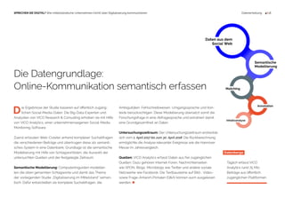Daten aus dem
Social Web
Semantische
Modellierung
Matching
Annotation
Inhaltsanalyse
 4 | 18SPRECHEN SIE DIGITAL? Wie mittelständische Unternehmen (nicht) über Digitalisierung kommunizieren Datenerhebung
D  ie Ergebnisse der Studie basieren auf öffentlich zugäng-­
  lichen Social-Media-Daten. Die Big-Data-Experten und
Analysten von VICO Research & Consulting erhoben sie mit Hilfe
von VICO Analytics, einer unternehmenseigenen Social-Media-
Monitoring-Software.
Zuerst erfassten Web-Crawler anhand komplexer Suchabfragen
die verschiedenen Beiträge und übertrugen diese als semanti-
sches System in eine Datenbank. Grundlage ist die semantische
Modellierung mit Hilfe von Schlagwortlisten, die Auswahl der
untersuchten Quellen und der festgelegte Zeitraum.
Semantische Modellierung: Computerlinguisten modellier-
ten die oben genannten Schlagworte und damit das Thema
der vorliegenden Studie „Digitalisierung im Mittelstand“ seman-
tisch. Dafür entwickelten sie komplexe Suchabfragen, die
Die Datengrundlage:
Online-Kommunikation semantisch erfassen
Datenberge
Täglich erfasst VICO
Analytics rund 75 Mio.
Beiträge aus öffentlich
zugänglichen Plattformen.
Ambiguitäten, Fehlschreibweisen, Umgangssprache und Kon-
texte berücksichtigen. Diese Modellierung übersetzt somit die
Forschungsfrage in eine Abfragesprache und extrahiert damit
eine Grundgesamtheit an Daten.
Untersuchungszeitraum: Der Untersuchungszeitraum erstreckte
sich vom 1. April 2017 bis zum 30. April 2018. Die Rückberechnung
ermöglichte die Analyse relevanter Ereignisse wie die Hannover
Messe im Jahresvergleich.
Quellen: VICO Analytics erfasst Daten aus frei zugänglichen
Quellen. Dazu gehören Internet-Foren, Nachrichtenseiten
wie SPON, Blogs, Microblogs wie Twitter und andere soziale
Netzwerke wie Facebook. Die Textbausteine auf Bild-, Video-
sowie Frage-Antwort-Portalen (Q&A) können auch ausgelesen
werden.  
 