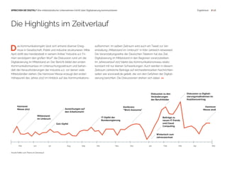 Hannover
Messe 2017 Auswirkungen auf
den Arbeitsmarkt
G20-Gipfel
Mittelstand
im Umbruch
Konferenz
"Work Awesome"
IT-Gipfel der
Bundesregierung
Beiträge zu
neuen IT-Trends
und Cloud
Computing
Hannover
Messe 2018
Diskussion zu Digitali-
sierungsmaßnahmen im
Koalitionsvertrag
Winterloch zum
Jahreswechsel
Diskussion zu den
Veränderungen
der Berufsfelder
 7 | 18SPRECHEN SIE DIGITAL? Wie mittelständische Unternehmen (nicht) über Digitalisierung kommunizieren
D  as Kommunikationsjahr lässt sich anhand diverser Ereig-
  nisse in Gesellschaft, Politik und Industrie strukturieren. Mitte
April stößt das Handelsblatt in seinem Artikel "Industrie 4.0: Fir-
men verstolpern den großen Wurf" die Diskussion rund um die
Digitalisierung im Mittelstand an. Der Bericht bildet den ersten
Kommunikationsanlass im Untersuchungszeitraum und behan-
delt die Herausforderungen der Industrie 4.0, vor denen viele
Mittelständler stehen. Die Hannover Messe erzeugt den ersten
Höhepunkt des Jahres 2017 im Hinblick auf das Kommunikations-
aufkommen. Im selben Zeitraum wird auch ein Tweet zur Ver-
anstaltung „Mittelstand im Umbruch“ in Köln zahlreich retweeted.
Die Veranstaltungsreihe der Deutschen Telekom hat das Ziel,
Digitalisierung im Mittelstand in den Regionen voranzutreiben.
Im Jahresverlauf 2017 bleibt das Kommunikationsniveau relativ
konstant mit nur kleinen Schwankungen. Auch werden in diesem
Zeitraum zahlreiche Beiträge auf reichweitenstarken Nachrichten-
seiten wie www.welt.de geteilt, die von den Gefahren der Digitali-
sierung berichten. Die Diskussionen drehen sich dabei >>
Die Highlights im Zeitverlauf
Ergebnisse
Mai Jun Jul Aug Sep Okt Nov Dez Jan Feb Mär Apr Mai
Anzahl Treffer zum Thema im Zeitverlauf
 