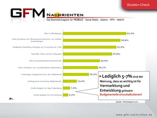 Lediglich 5-7%   sind der Meinung, dass es wichtig ist für   Vermarktung und Entwicklung   grössere  Budgetanteile einzukalkulieren ! Quelle: Marketagent.com 