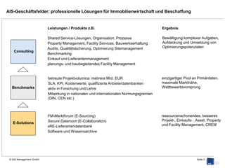Kurzprofil und Ablauf AIS-Audit PM



          was?

     zu den 4 Perspektiven „Finanzen“, „Organisation“, „Zukunftsfähigkeit / Innovation“, „Kundenorientierung“ anhand
      Prüfkatalog entscheidende Parameter der PM-Einheit hinterfragt
     mit Blick auf Kundenideal sowie Best Practice marktführender Unternehmen Bewertung qualitativer und quantitativer
      Dimensionen der jeweiligen PM-Einheit
     Schwächen, Stärken und Potenziale identifiziert, Optimierungsansätze aufgezeigt
     Ergebnisse Transparenz bzgl. Leistungsfähigkeit und fundierte Grundlage für Definition konkreter Arbeitspakete zur
      Professionalisierung des jeweiligen PM


          wer?

     AM- bzw. PM-Entscheidermannschaft



       wie lange?

     ca. 1 Stunde reine Bearbeitungszeit in Online-Abfrage
     ½ Tag Ergebnispräsentation vor Ort mit Feedback und Handlungsempfehlungen



           wo?

      Online (Fragebogen) und vor Ort (Ergebnispräsentation)




© AIS Management GmbH                                                                                            Seite 3
 