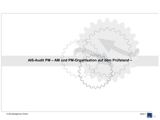 Property Management: Hebel zur Verbesserung der Wirtschaftlichkeit


                                           Perspektiven        Themen
                                                                                                Leitprinzip        qualitativ

                                                                                        Aufbauorganisation
                                           Organisation
                                                                                         Ablauforganisation

                                                                                            Transparenz
       Optimierung Property Management




                                                                  Sachkosten

                                             Finanzen            Personalkosten   quantitativ                 Impact

                                                                   Vollkosten


                                                                                         Kundenverständnis
                                              Kunden-
                                                                                                 Produkt
                                            orientierung
                                                                                            Kundensicht


                                                                                                Strategie

                                         Zukunftsfähigkeit /                                    Mitarbeiter
                                            Innovation
                                                                                      Lieferantenmanagement

                                                                                        Wertschöpfungstiefe

© AIS Management GmbH                                                                                                  Seite 4
 