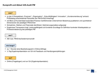 Auswertung: Beispiel Einzelauswertung


      Kundenorientierung                                                                                             Finanzen

                                                                    Kosten
                                                                    5

                                              Produkt                                Erlös
                                                                    4


                                                                                                                  Organisation
                                                                    3
                        Kundenverständnis                                                         Leitprinzip

                                                                    2

      Zukunftsfähigkeit /
         Innovation
                                                                    1

              Lieferantenmanagement                                                                  Aufbauorganisation




                                    Mitarbeiter                                              Ablauforganisation



                                                        Strategie            Tranzparenz                                         Firma xy
                                                                                                                                 Best Pratice




                          Gesamtergebnis Firma XY unterdurchschnittlich
                          akuter Handlungsbedarf in Perspektive Kundenorientierung, Thema Produkt

© AIS Management GmbH                                                                                                                           Seite 6
 