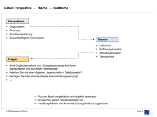 Auswertung: häufige Brennpunkte (1)



     Produkt            5                        Perspektive Kundenorientierung, Thema Produkt
                        4                         eigenes Stärken- / Schwächenprofil nicht bekannt
                        3
                                                  eigene Leistungen preislich (z.B. durch BM) nicht bewertet
                        2
                                                  zentrale Anlaufstelle (Servicedesk) für alle Serviceanfragen der
                        1
                                                   Mieter nicht vorhanden und / oder nicht regelmäßig ausgewertet




                              Best Pratice
                              Markt



                        5                        Perspektive Organisation, Thema Aufbauorganisation
                        4                         eigene Mitarbeiterressourcen ändern sich bei Portfolioänderungen nicht
                        3
                                                   nach definierten Regeln

                        2                         eigene Researchtätigkeiten (Stichwort Primärdaten) finden nicht statt
                        1                         Frühwarnsystem zur Identifikation von Objekt- und Portfoliorisiken
                            Aufbauorganisation
                                                   existiert nicht
                                                  unzureichend Kompetenz im TGM, IGM, Flächenmanagement


                              Best Pratice
                              Markt




© AIS Management GmbH                                                                                        Seite 8
 