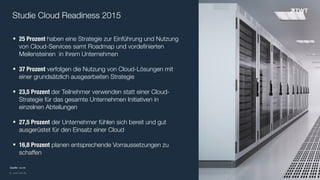 © www.twt.de
Studie Cloud Readiness 2015
§ 25 Prozent haben eine Strategie zur Einführung und Nutzung
von Cloud-Services samt Roadmap und vordefinierten
Meilensteinen in ihrem Unternehmen
§ 37 Prozent verfolgen die Nutzung von Cloud-Lösungen mit
einer grundsätzlich ausgearbeiten Strategie
§ 23,5 Prozent der Teilnehmer verwenden statt einer Cloud-
Strategie für das gesamte Unternehmen Initiativen in
einzelnen Abteilungen
§ 27,5 Prozent der Unternehmer fühlen sich bereit und gut
ausgerüstet für den Einsatz einer Cloud
§ 16,8 Prozent planen entsprechende Vorraussetzungen zu
schaffen
Quelle: cio.de
 