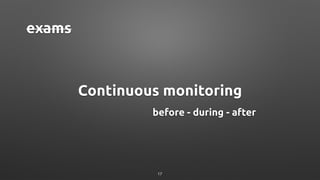 Continuous monitoring
exams
before - during - after
17
 