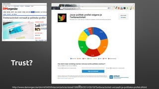 Trust?
http://www.demorgen.be/dm/nl/5403/Internet/article/detail/1890428/2014/05/18/Twitteractiviteit-verraadt-je-politieke-proﬁel.dhtml
44
 