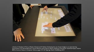 J. Santos, S. Charleer, G. Parra, J. Klerkx, E. Duval, and K.Verbert. Evaluating the use of open badges in an open learning
environment. In D. Hernandez-Leo,T. Ley, R. Klamma, and A. Harrer, editors, Scaling up Learning for Sustained Impact, volume
8095 of Lecture Notes in Computer Science, pages 314–327. Springer Berlin Heidelberg, 2013.72
 