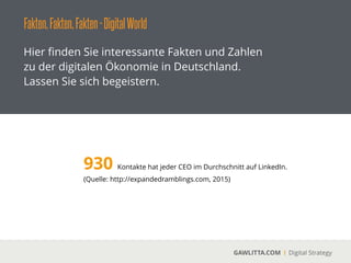 Fakten,Fakten,Fakten-DigitalWorld
GAWLITTA.COM Digital Strategy
Hier ﬁnden Sie interessante Fakten und Zahlen
zu der digitalen Immobilien-Ökonomie in
Deutschland. Lassen Sie sich begeistern.
ImmobilienScout24
 
ImmobilienScout24 ist der in Deutschland
führende Online-Marktplatz für Immobilien.
Hier einige Zahlen:
!
- Rund 900.000 verschiedene
Immobilienangebote im Monat
!
- Rund 8 Mio. Besucher im Monat
!
(Quelle: ImmobilienScout24, 2015)
 