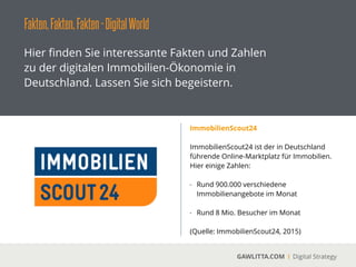 Fakten,Fakten,Fakten-DigitalWorld
GAWLITTA.COM Digital Strategy
Hier ﬁnden Sie interessante Fakten und Zahlen
zu der digitalen Immobilien-Ökonomie in
Deutschland. Lassen Sie sich begeistern.
Allein im Bereich der intelligenten
Heimvernetzungrechnet der Branchenverband BITKOM in den
kommenden fünf Jahren mit Investitionen von bis zu 10 Mrd. €.
 