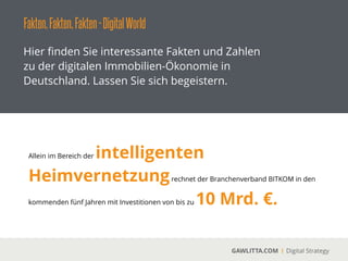 DigitalmeetsRealEstate
GAWLITTA.COM Digital Strategy
Die digitale Ökonomie hat weitreichende
Auswirkungen auf die Immobilienwirtschaft. Fünf
Kernbereiche betriﬀt dieser Wandel am stärksten.
W!
Wissen
V!
Vermarkten
F!
Finanzieren
A!
Arbeiten
V!
Verwalten
 