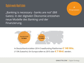 DigitalmeetsRealEstate
GAWLITTA.COM Digital Strategy
Aufbauend auf Big Data, komplexen
Algorithmen und automatisierten
Arbeitsabläufen werden Kredite digital
vergeben.
F!
Finanzieren
Nutzerzahlen 2015
 
Gründung: 2012 in HH
Kredite bis jetzt: 75 Mio. $
Neuer Rahmen: 200 Mio. $
 