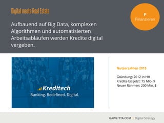 DigitalmeetsRealEstate
GAWLITTA.COM Digital Strategy
Alternative Finanzierungsmodelle für private
und institutionelle Immobilienverkäufer und
-käufer kommen auf dem Markt.
F!
Finanzieren
Für die Immobilienwirtschaftist vor allem das
Crowdfunding ein spannendes Tool, um sich u.a. Teil der Projektﬁnanzierung zu beschaﬀen.
Neben dem Geld entsteht auch ein positives Marketing für das zu ﬁnanzierbare Projekt.
 