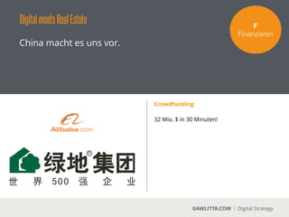 DigitalmeetsRealEstate
GAWLITTA.COM Digital Strategy
Die Digitalisierung vereinfacht die
Zusammenarbeit innerhalb des Unternehmens
sowie mit Partnern und Kunden.
A!
Arbeiten
Digital Working
 
Durch das Cloud
Computing liegen alle
Informationen und Daten
zentral in der Cloud. Jeder
kann jederzeit von überall
gemeinsam arbeiten.
 