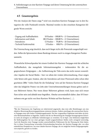 4. Anforderungen an eine Karriere-Fanpage und deren Umsetzung bei den untersuchten
Unternehmen

4.5 Gesamtergebnis
Wie die Analyse der Daten zeigt,28 wird von einzelnen Karriere-Fanpages nur in drei Kategorien die volle Punktzahl erreicht. Maximal werden in den einzelnen Kategorien folgende Werte erreicht:

- Zugang und Auffindbarkeit:
- Information und Inhalt:
- Interaktion:
- Technik/Funktionalität

10 Punkte – 100,00 % – (1 Unternehmen)
28,5 Punkte – 100,00 % – (1 Unternehmen)
12 Punkte – 75,00 % – (6 Unternehmen)
3 Punkte – 100,0 % – (3 Unternehmen)

Die Untersuchung zeigt deutlich, dass noch längst nicht alle Potenziale ausgeschöpft werden. Selbst die Spitzenreiter dieses Rankings können noch in einigen Kategorien Punkte
sammeln.
Wesentliche Schwachpunkte bei einem Großteil der Karriere-Fanpages sind die schlechte
Auffindbarkeit, das mangelnde Informationsangebot – insbesondere für die angesprochenen Zielgruppen –, die Aufbereitung der Tabs sowie das nicht nutzen wesentlicher Aspekte der Social Media – hier vor allem der viralen Jobvermarktung. Zwar zeigen
viele Seiten sehr gute Ansätze, aber die Interaktion auf einer Pinnwand sollte schon über
geschätzte 200x “vielen Dank für die Einladung” (wie auf der Siemens-Karriere-Fanpage)
oder das ledigliche Posten von Jobs oder Unternehmensmeldungen hinaus gehen und einen Mehrwert bieten. Nur wenn dieser Mehrwert geboten wird, kann man sich treuer
Fans sicher sein und alsbald neue begrüßen. Absolut unverständlich daher, dass 10 Unternehmen erst gar nicht von ihrer Karriere-Website auf ihre Karriere-[…] .

28

Bei der Präsentation der Ergebnisse sei relativierend angemerkt, dass trotz aller Bemühungen um eine
objektive Bewertung Bewertungsspielräume existieren können. Zudem unterliegen die untersuchten Karriere-Fanpages einer sehr hohen Veränderungsdynamik. Die hier vorgestellten Ergebnisse sind daher als kritische Momentaufnahme zu begreifen. Zudem sind die zur Beurteilung der Fanpages herangezogenen Kriterien nicht als stringent zu erfüllende Anforderungen zu verstehen. So ist bspw. eine Selektions-möglichkeit
für Stellenangebote bei nur einer geringen Anzahl ausgeschriebener Stellen nicht zwingend notwendig.
Auch die Besucher einer Fanpage werden unterschiedliche Präferenzen bei der Nutzung der Seite haben.
Der in dieser Untersuchung verwendete Kriterienkatalog betrachtet die Karriere-Fanpage aber von allen
erdenklichen Perspektiven, um einer idealen Karriere-Fanpage, die ein möglichst breites Zielgruppenspektrum anspricht, gerecht zu werden.

personalmarketing2null.de

33

 