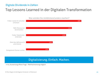 © Mind Digital (2018) Digitale Dividende im Mittelstand 22
Top Lessons Learned in der Digitalen Transformation
Digitale Dividende in Zahlen
Digitalisierung. Einfach. Machen.
n=54, Auswertung offene Frage – Mehrfachnennung möglich
12%
14%
21%
24%
29%
Kompetente Partner suchen
Ziele klar definieren &
priorisieren
Früher Stakeholder
einbinden
Mehr Ressourcen
bereitstellen
Früher starten & schneller
umsetzen
Was würden Sie rückblickend anders machen?
 