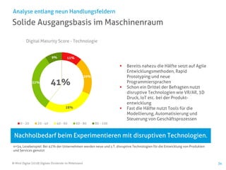11%
20%
28%
32%
9%
Digital Maturity Score - Technologie
0 - 20 20 - 40 40 - 60 60 - 80 80 - 100
© Mind Digital (2018) Digitale Dividende im Mittelstand 34
Solide Ausgangsbasis im Maschinenraum
Analyse entlang neun Handlungsfeldern
▪ Bereits nahezu die Hälfte setzt auf Agile
Entwicklungsmethoden, Rapid
Prototyping und neue
Programmiersprachen
▪ Schon ein Drittel der Befragten nutzt
disruptive Technologien wie VR/AR, 3D
Druck, IoT etc. bei der Produkt-
entwicklung
▪ Fast die Hälfte nutzt Tools für die
Modellierung, Automatisierung und
Steuerung von Geschäftsprozessen
Nachholbedarf beim Experimentieren mit disruptiven Technologien.
n=54, Lesebeispiel: Bei 41% der Unternehmen werden neue und z.T. disruptive Technologien für die Entwicklung von Produkten
und Services genutzt
41%
 