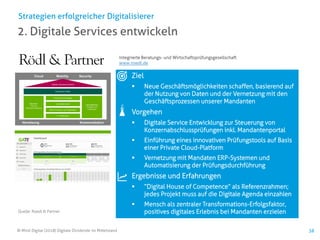 © Mind Digital (2018) Digitale Dividende im Mittelstand 38
2. Digitale Services entwickeln
Strategien erfolgreicher Digitalisierer
Quelle: Roedl & Partner
Ziel
▪ Neue Geschäftsmöglichkeiten schaffen, basierend auf
der Nutzung von Daten und der Vernetzung mit den
Geschäftsprozessen unserer Mandanten
Vorgehen
▪ Digitale Service Entwicklung zur Steuerung von
Konzernabschlussprüfungen inkl. Mandantenportal
▪ Einführung eines innovativen Prüfungstools auf Basis
einer Private Cloud-Platform
▪ Vernetzung mit Mandaten ERP-Systemen und
Automatisierung der Prüfungsdurchführung
Ergebnisse und Erfahrungen
▪ “Digital House of Competence” als Referenzrahmen;
jedes Projekt muss auf die Digitale Agenda einzahlen
▪ Mensch als zentraler Transformations-Erfolgsfaktor,
positives digitales Erlebnis bei Mandanten erzielen
Integrierte Beratungs- und Wirtschaftsprüfungsgesellschaft
www.roedl.de
 
