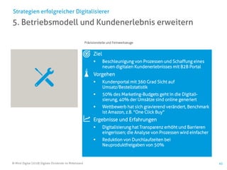 © Mind Digital (2018) Digitale Dividende im Mittelstand 41
5. Betriebsmodell und Kundenerlebnis erweitern
Strategien erfolgreicher Digitalisierer
Ziel
▪ Beschleunigung von Prozessen und Schaffung eines
neuen digitalen Kundenerlebnisses mit B2B Portal
Vorgehen
▪ Kundenportal mit 360 Grad Sicht auf
Umsatz/Bestellstatistik
▪ 50% des Marketing-Budgets geht in die Digitali-
sierung, 40% der Umsätze sind online generiert
▪ Wettbewerb hat sich gravierend verändert, Benchmark
ist Amazon, z.B. "One Click Buy"
Ergebnisse und Erfahrungen
▪ Digitalisierung hat Transparenz erhöht und Barrieren
eingerissen; die Analyse von Prozessen wird einfacher
▪ Reduktion von Durchlaufzeiten bei
Neuproduktfreigaben von 50%
Präzisionsteile und Feinwerkzeuge
 
