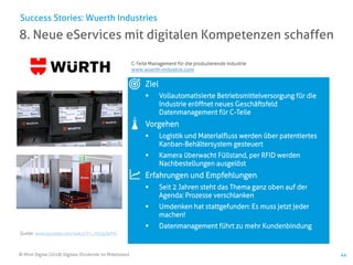 © Mind Digital (2018) Digitale Dividende im Mittelstand 44
8. Neue eServices mit digitalen Kompetenzen schaffen
Success Stories: Wuerth Industries
Quelle: www.youtube.com/watch?v=_rrG0pSkPiQ
Ziel
▪ Vollautomatisierte Betriebsmittelversorgung für die
Industrie eröffnet neues Geschäftsfeld
Datenmanagement für C-Teile
Vorgehen
▪ Logistik und Materialfluss werden über patentiertes
Kanban-Behältersystem gesteuert
▪ Kamera überwacht Füllstand, per RFID werden
Nachbestellungen ausgelöst
Erfahrungen und Empfehlungen
▪ Seit 2 Jahren steht das Thema ganz oben auf der
Agenda: Prozesse verschlanken
▪ Umdenken hat stattgefunden: Es muss jetzt jeder
machen!
▪ Datenmanagement führt zu mehr Kundenbindung
C-Teile Management für die produzierende Industrie
www.wuerth-industrie.com
 