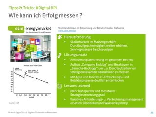 © Mind Digital (2018) Digitale Dividende im Mittelstand 52
Wie kann ich Erfolg messen ?
Tipps & Tricks: #Digital KPI
Herausforderung
▪ Skalierbarkeit im Massengeschäft:
Durchlaufgeschwindigkeit weiter erhöhen,
Serviceprozesse beschleunigen
Lösungsansatz
▪ Anforderungszentrierung im gesamten Betrieb
▪ Aufbau „Company Backlog“ und Breakdown in
„Bereichs-Backlogs“, um u.a. Durchlaufzeiten von
strategierelevanten Maßnahmen zu messen
▪ Mit Agile und DevOps IT-Entwicklungs- und
Betriebsprozesse deutlich entschlacken
Lessons Learned
▪ Mehr Transparenz und messbarer
Strategieumsetzungsgrad
▪ Iteratives Anforderungs- u. Veränderungsmanagement
ersetzen Silodenken und Wasserfallprinzip
Stromhandelshaus mit Entwicklung und Betrieb virtueller Kraftwerke
www.e2m.energy
Quelle: E2M
 