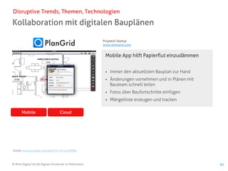 © Mind Digital (2018) Digitale Dividende im Mittelstand 63
Kollaboration mit digitalen Bauplänen
Disruptive Trends, Themen, Technologien
CloudMobile
Mobile App hilft Papierflut einzudämmen
▪ Immer den aktuellsten Bauplan zur Hand
▪ Änderungen vornehmen und in Plänen mit
Bauteam schnell teilen
▪ Fotos über Baufortschritte einfügen
▪ Mängelliste erzeugen und tracken
Quelle: www.youtube.com/watch?v=cR-2i2qMMAc
Proptech Startup
www.plangrid.com
 