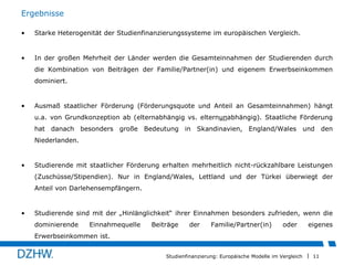 Ergebnisse
•

Starke Heterogenität der Studienfinanzierungssysteme im europäischen Vergleich.

•

In der großen Mehrheit der Länder werden die Gesamteinnahmen der Studierenden durch
die Kombination von Beiträgen der Familie/Partner(in) und eigenem Erwerbseinkommen
dominiert.

•

Ausmaß staatlicher Förderung (Förderungsquote und Anteil an Gesamteinnahmen) hängt
u.a. von Grundkonzeption ab (elternabhängig vs. elternunabhängig). Staatliche Förderung
hat danach besonders große Bedeutung in Skandinavien, England/Wales und den
Niederlanden.

•

Studierende mit staatlicher Förderung erhalten mehrheitlich nicht-rückzahlbare Leistungen
(Zuschüsse/Stipendien). Nur in England/Wales, Lettland und der Türkei überwiegt der
Anteil von Darlehensempfängern.

•

Studierende sind mit der „Hinlänglichkeit“ ihrer Einnahmen besonders zufrieden, wenn die
dominierende

Einnahmequelle

Beiträge

der

Familie/Partner(in)

oder

eigenes

Erwerbseinkommen ist.
Studienfinanzierung: Europäische Modelle im Vergleich

11

 