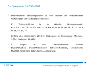 Zur Datenquelle EUROSTUDENT

•

Internationales

Befragungsprojekt

zu

den

sozialen

und

wirtschaftlichen

Verhältnissen von Studierenden in Europa
•

25

Teilnehmerländer

in

der

aktuellen

Befragungsrunde:

AT, CH, CZ, DE, DK, EE, ES, E/W, FI, FR, HR, IE, IT, LT, LV, MT, NL, NO, PL, PT, R
O, SE, SK, SI, TR.
•

Umfang aller Stichproben: 205.645 Studierende an Hochschulen (Minimum:
1.004, Maximum: 31.640)

•

47

Fragen

Studiensituation,

zu

den

Studienhintergrund,

Themenbereichen:
Lebensverhältnisse,

Aktuelle
Internationale

Mobilität, Persönliche Daten, Familienhintergrund.

Studienfinanzierung: Europäische Modelle im Vergleich

3

 